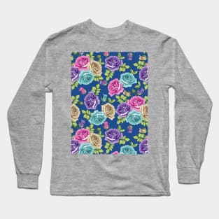 Botanical Roses Seamless Pattern On Blue Background Long Sleeve T-Shirt